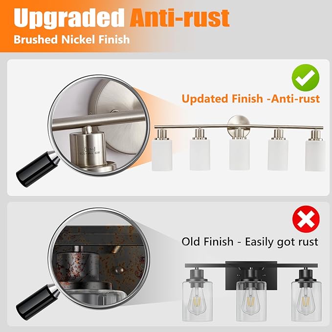 DLLT 5-Light Bathroom Light Fixtures: Nickel Modern Vanity Lights with E26 Bulbs - Milky White Glass Shade Bathroom Wall Lamp for Mirror Kitchen Living Room Hallway Cabinet Porch