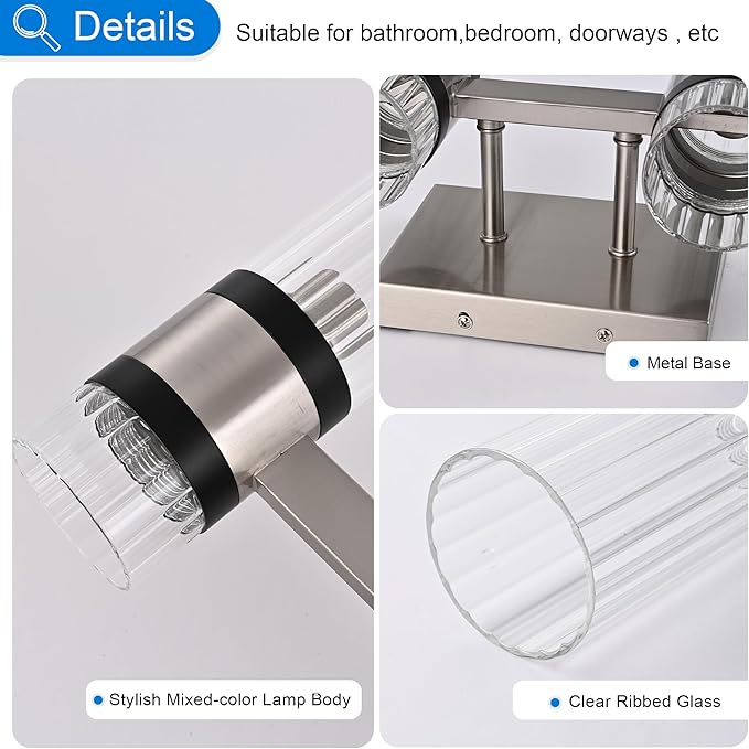 MELUCEE 3-Light Bathroom Light Fixtures Brushed Nickel, Farmhouse Vanity Lighting with Ribbed Clear Glass Shade Bathroom Bar Light Fixtures for Kitchen Bedroom Hallway, E12 Base