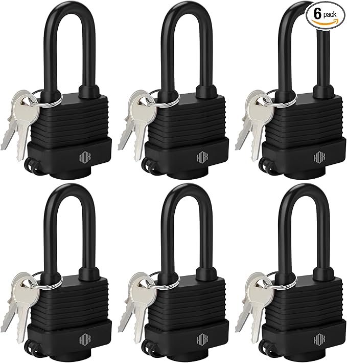 HOX 6-Pack Weather Resistant Padlocks – 40mm Laminated Steel, Chrome Plated with 2-inch Shackle, Vinyl Wrapped, Hardened Steel for Extra Security