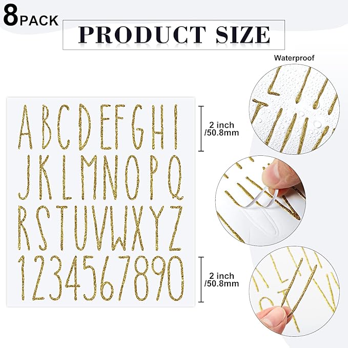 8 Sheets Vinyl Letter Stickers Waterproof Self Adhesive Letter Numbers Alphabet Modern Mailbox Numbers Sticker for Back to School DIY Mailbox House Home Business Address(2 Inch,Gold)