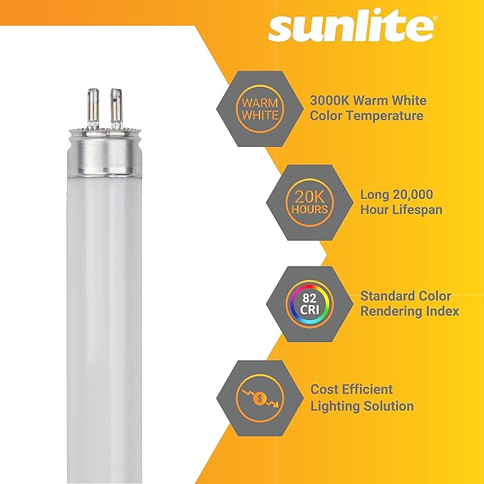 Sunlite 30300 F14T5/830 2 Foot T5 Linear Fluorescent Lamp, 14 Watts, 1200 Lumens, 3000K Warm White, Miniature G5 Bi-Pin Base, ROHS Compliant, High Performance Straight Tube, 40 Pack