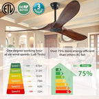 60" Ceiling Fan, No Light & Remote Control - Quiet 3 Blade Wood Walnut, Suitable for Patios & Farmhouse