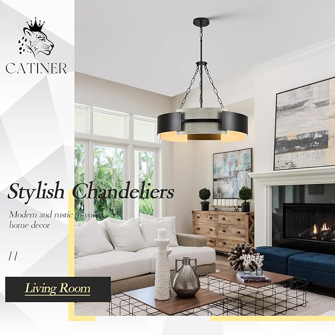 Industrial Drum Chandelier 24" 6-Light Modern Chandelier Black Metal Hanging Light Fixture Weathered Wood Grain for Living Dining Room Foyer Entryway Kitchen