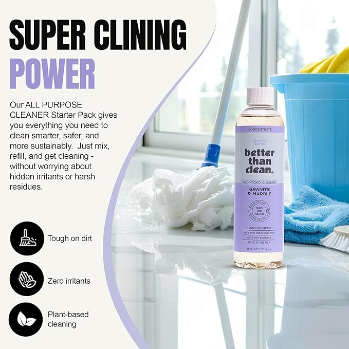 Marble & Granite Cleaner Concentrate - Plant-Based, Non-Toxic, Fragrance Free Cleaning Products - Slate, Marble, and Natural Stone Cleaner, – 8oz Makes 4 Bottles