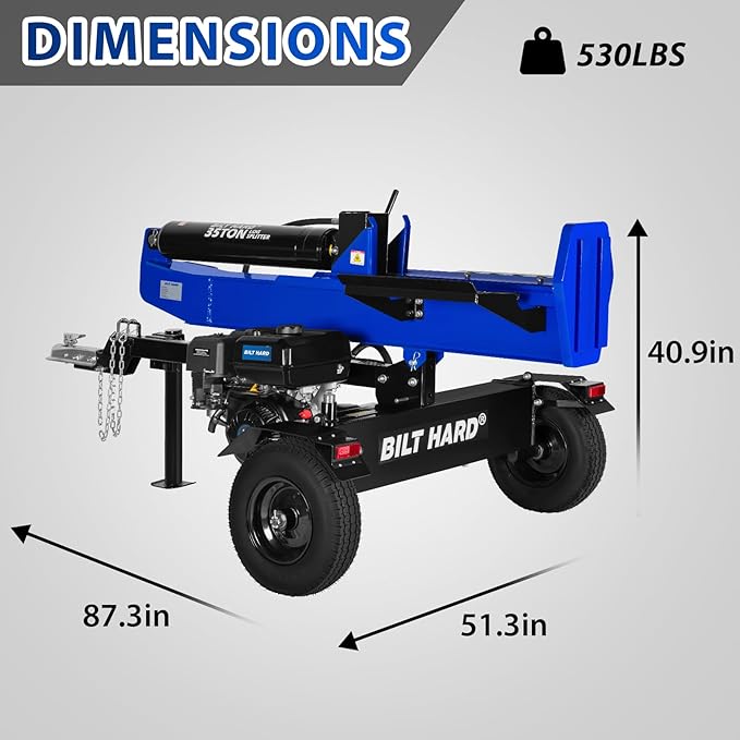 BILT HARD 35-Ton Horizontal/Vertical Gas Powered Hydraulic Full Beam Log Splitter with 301cc OHV Engine, 2" Ball Coupler, 16" DOT Tires, 2 Stage Gear Pump, Firewood Splitting Wood Machine, Auto Return
