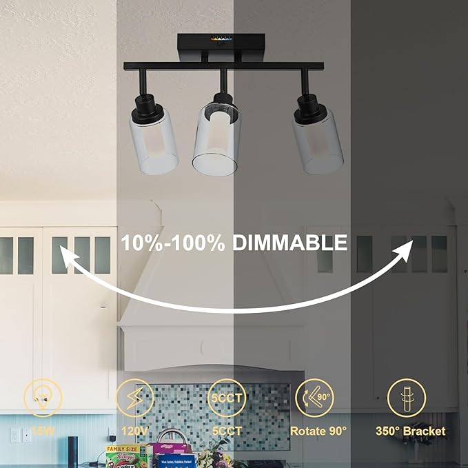 3-Light LED Black Track Lighting Fixtures, 5-Color Temperature Ceiling Spotlight Bathroom Vanity Wall Lighting with Integrated LED Chips & Clear Glass Shade & Frosted Column