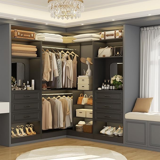 Unikito 50" Freestanding Closet System with 6 Drawers, 4FT Closet Organizer Wardrobe with Storage Shelves and Mirror, Heavy Duty Wood Walk-in Closet Towers for Bedroom, Max Load 1000 LBS, Black