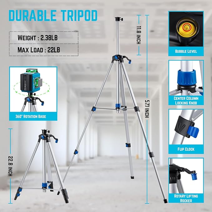 KEZERS Laser Level with Tripod,3 x 360 Self Leveling Laser Level, Green Line Laser 3D Laser Leveler Tool with 2 Rechargeable Batteries,Indoor,for Picture Hanging,Tile,Home Renovation