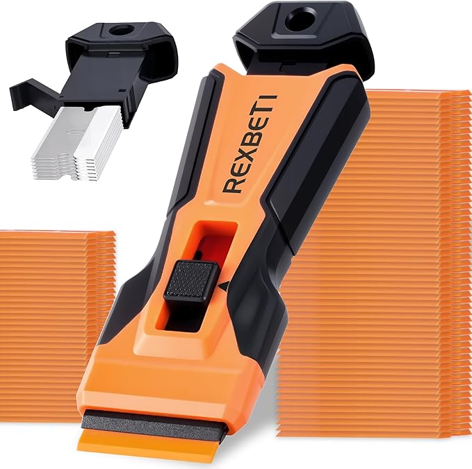 REXBETI Razor Blade Scraper Tool, 1 Pack Razor Scraper with Extra 157Pcs Razor Blades -7Pcs Metal and 150Pcs Plastic Blades, Cleaning Scraper Tool, Cooktop, Paint, Glass Scraper