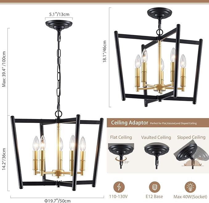 Black Gold Chandelier Light Fixture, Geometric Modern Farmhouse Pendant Light for Dining Living Room Entryway Kitchen Island Bedroom Chandelier, 5 Lights Metal Hanging Ceiling Light, 20 Inch