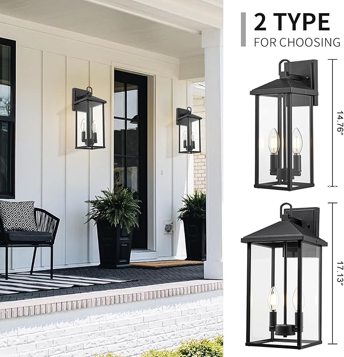 Darkaway Outdoor Wall Lights for House,2pcs Exterior Lighting Fixtures Wall Mount Porch Lights Waterproof Outdoor Sconce Lights with Clear Glass for Patio Hallway Garage E12 Socket