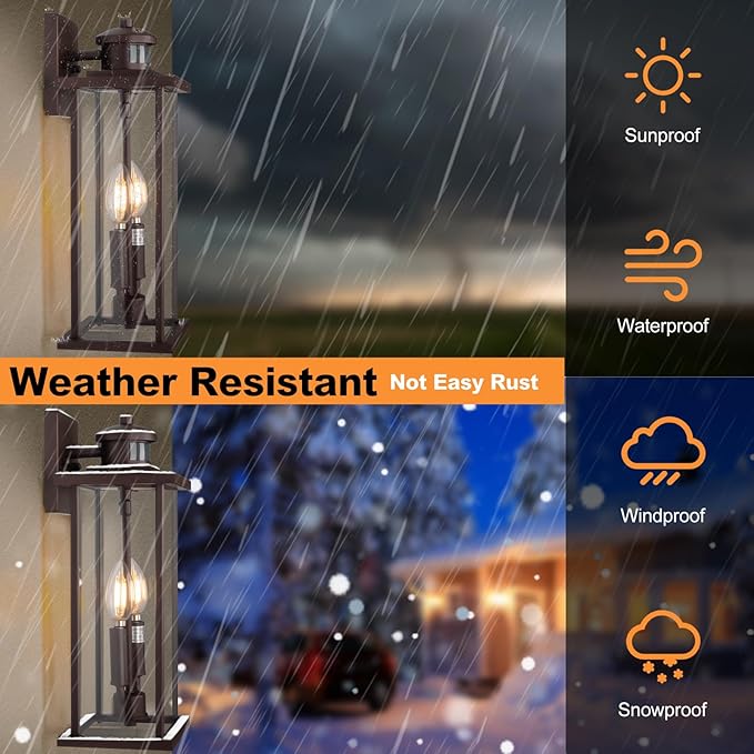 Motion Sensor Outdoor Wall Lights, 16" Waterproof Large Exterior Sconce, Compatible with E12 Base Bulbs, Modern Porch Entryway Lamp for Patio, Front Door Garage (Oil Rubbed Bronze, 2 Pack)
