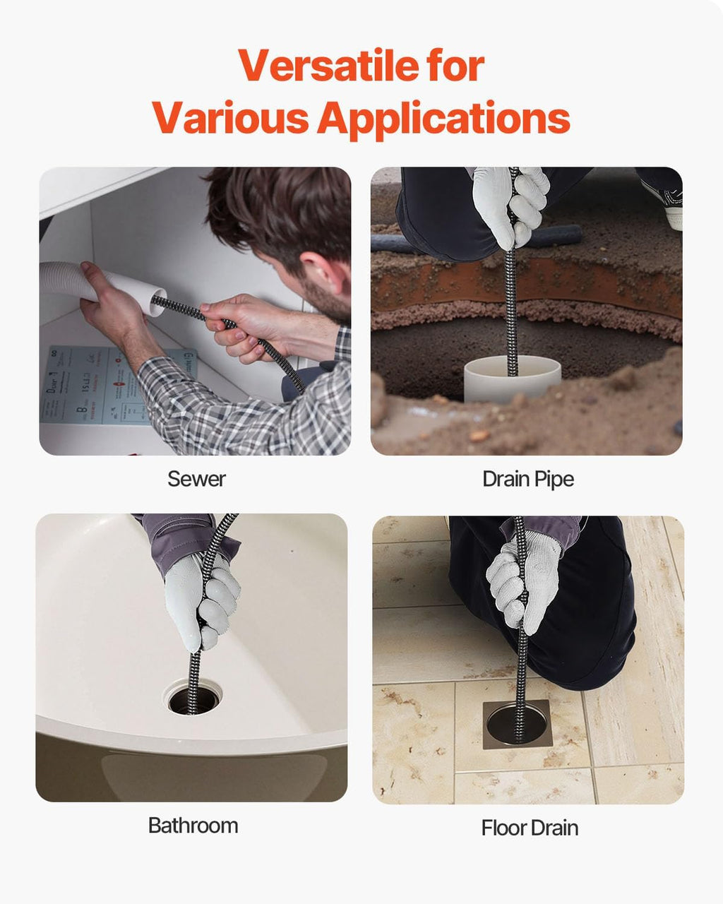 VEVOR Drain Cleaning Machine 100FT x 3/8 Inch, Sewer Snake Machine Auto Feed, Drain Auger Cleaner with 4 Cutter & Air-Activated Foot Switch for 2" to 4" Pipes, Orange, Black