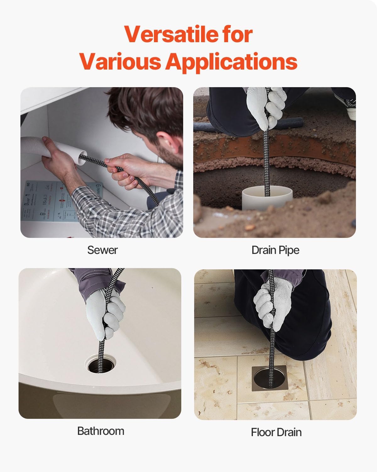 VEVOR Drain Cleaning Machine 50 FT x 1/2 Inch, Sewer Auger Auto Feed with 4 Cutter & Air-activated Foot Switch for 2" to 4" Pipes, Orange, Black