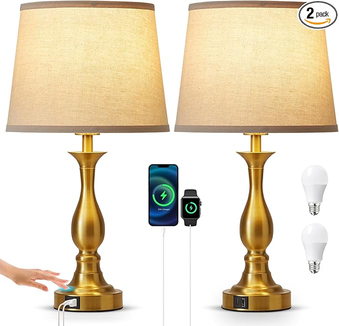 Bedside Table Lamp Touch Control Bedroom Lamps with USB-C USB-A Charging Port 3 Way Dimmable Touch Lamps for Nightstand Living Room Bedroom Dorm Home Office Reading, Set of 2