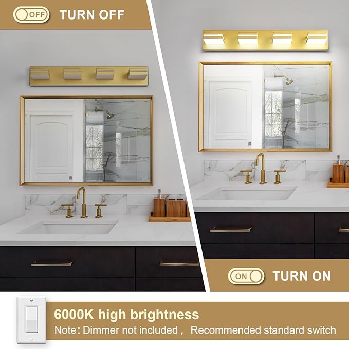 Modern LED Bathroom Lights Fixtures(4-Light),Metal Gold Acrylic Wall Lighting,Vanity Lights for Bathroom Over Mirror(6000k 27In