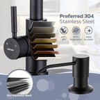 WEWE Black Kitchen Faucet with Soap Dispenser, Kitchen Sink Faucet with Pull Down Sprayer 3 Modes Stainless Steel Single Handle Single Hole Pull Out Matte Black Faucet for Bar Laundry RV Utility Sink
