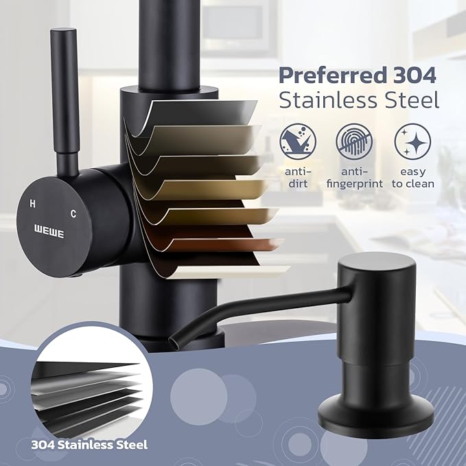 WEWE Black Kitchen Faucet with Soap Dispenser, Kitchen Sink Faucet with Pull Down Sprayer 3 Modes Stainless Steel Single Handle Single Hole Pull Out Matte Black Faucet for Bar Laundry RV Utility Sink