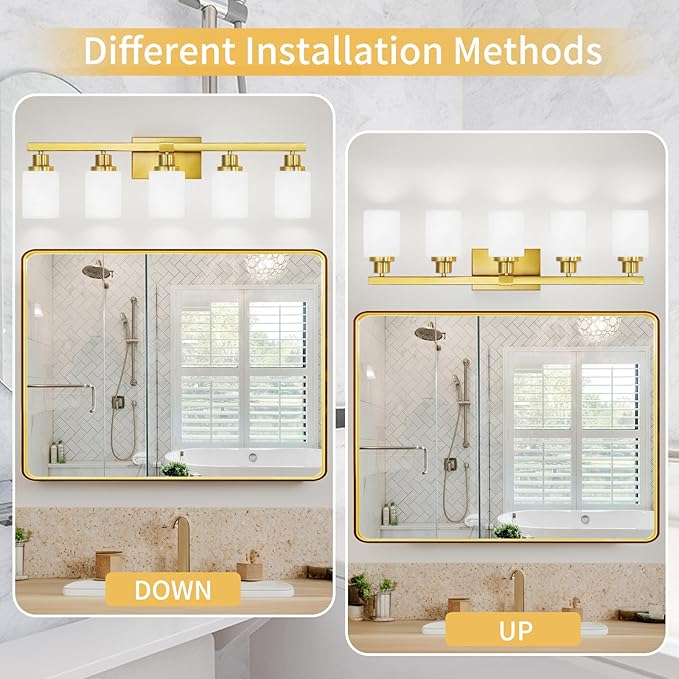 Gold Bathroom Light Fixtures, 5-Light Modern Brushed Gold Vanity Lighting Fixtures for Bathroom Over Mirror, 30" Gold Sconces Wall Lighting for Bedroom Hallway Living Room