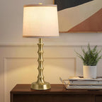 Set of 2 Gold Table Lamps, 24" Electroplated Gold Bamboo Base with White Linen Shade, Compact Nightstand Lamps for Bedroom, Living Room, Office Decor