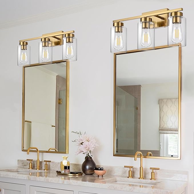 3-Light Bathroom Vanity Light, Modern Brushed Gold Wall Lights with Clear Glass Shades, Bathroom Wall Sconce Lamp for Mirror Living Room Bedroom Hallway