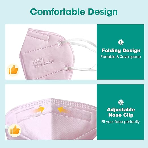 LEMENT KN95 Face Masks,50 Pack 5-Ply Breathable Cup Dust Disposable Masks For Adults,Pink