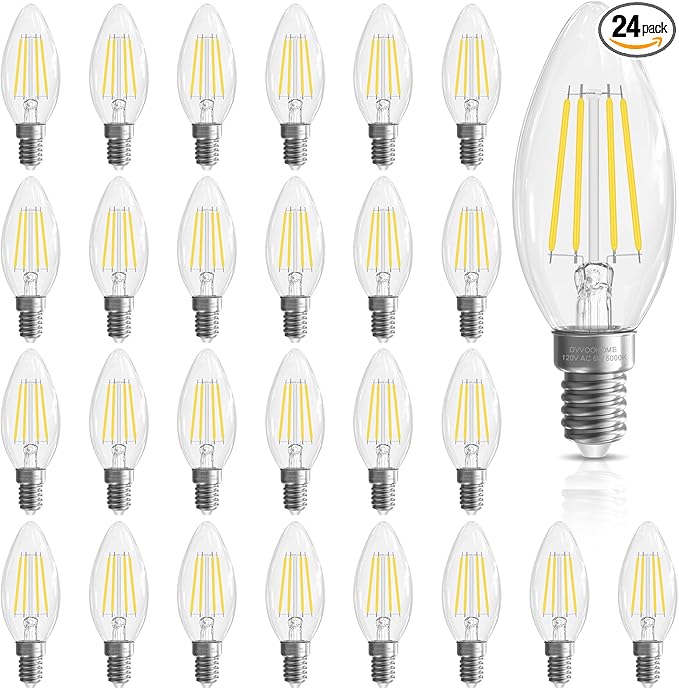 Candelabra Light Bulbs, 6W Equivalent to 60 watt E12 LED Bulb 5000K Daylight Non-Dimmable, LED Chandelier Light Bulb, B10 Candle Bulbs, 90+CRI, 600LM, Cear Glass, 24 Pack