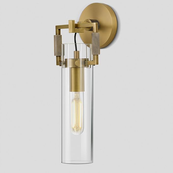 Modern Gold Glass Wall Sconces,15'' Knurled Brass Sconce, Bathroom Wall Sconce, Gold Bathroom Vanity Lights, for Living Room, Bedrooms, Fireplace, Staircases, Include Bulb