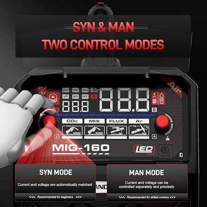 ANDELI MIG Welder, 160Apm 110V/220V Dual Voltage GAS MIG/FLUX MIG/LIFT TIG/STICK 4-In-1 Multiprocess MIG Welder, LED Digital Display Synergic Control,Gas Gasless MIG Welding Machine MIG-160 AIR