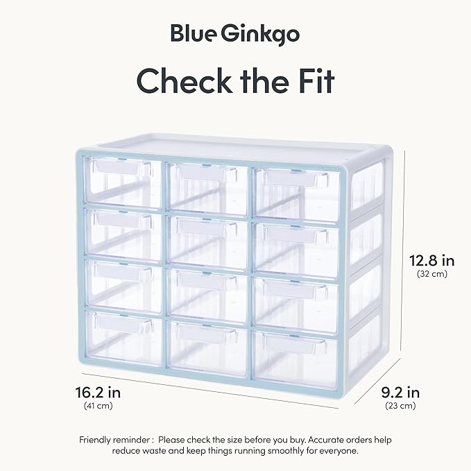 Blue Ginkgo Large 12-Drawer Cabinet – Stackable Clear Organizer for Hardware, Beads, Plastic Bricks, Office, and Craft Storage (Made in Korea, Blue)