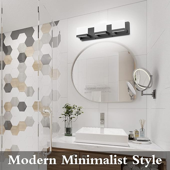 Tipace Black LED Vanity Lighting Fixture Modern 3 Lights Vanity Lights for Bathroom Black Bathroom Wall Light Fixtures 6000K