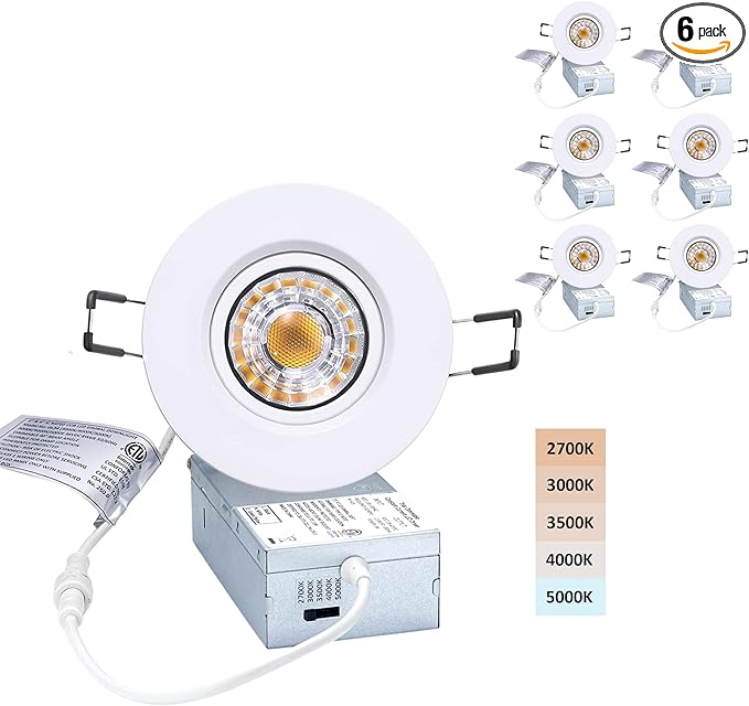 Canless Recessed Gimbal Downlight Rotatable-Spotlight 5 CCT 3 Inch Eyeball Ceilling Potlight, Dimmable Recessed Lights Fixture with Junction Box, 8W CCT Adjustable, White Round Trim, 6 Pack