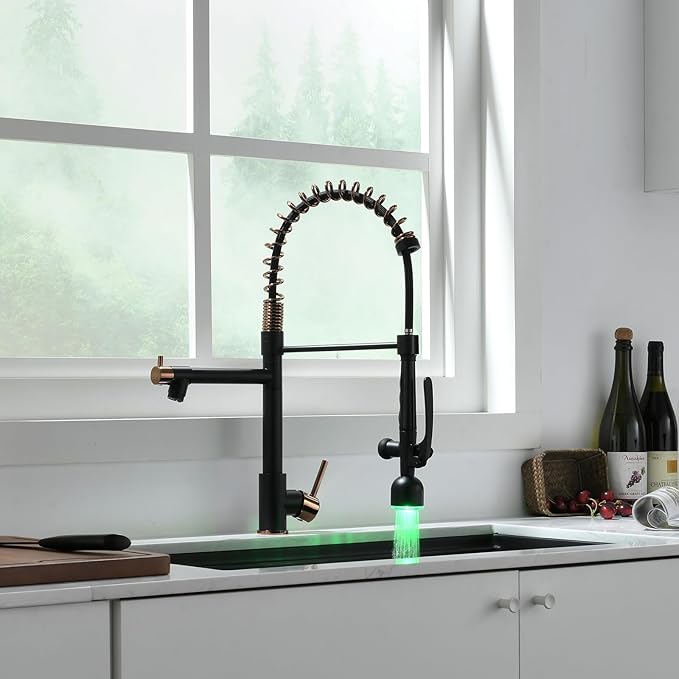 Fapully Commercial Single Handle Pull Down Sprayer Black&Rose Gold Kitchen Faucet,Kitchen Sink Faucet with LED Light