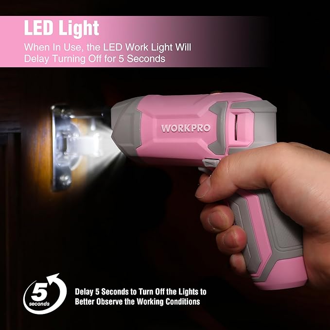 WORKPRO Pink Cordless Screwdriver Set, 3.6V Electric Rechargeable Eccentric Power Screwdriver Kit with 24Pcs Bits, Delay-off LED Light, 2000mAh High-Capacity Battery, Carrying Case Included