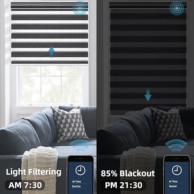 SmartWings Motorized Zebra Blinds with Remote, Smart Control Light Filtering Sheer Shades for Indoor Windows, Electric Customized Automatic Blind, 95mm 85% Blackout Graphite