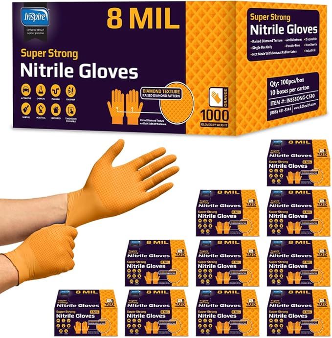 Inspire Heavy Duty Orange Nitrile Disposable Gloves | ULTRA 8 Mil Diamond Textured Grip | Industrial Mechanic Food