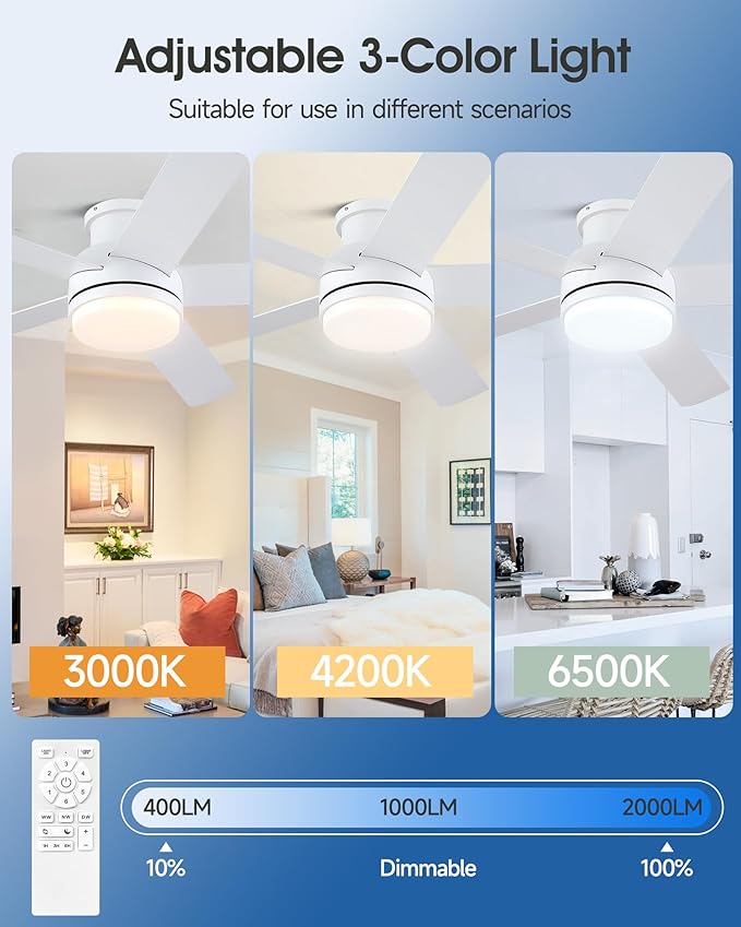 52 Inch White Ceiling Fan With Lights Flush Mount Dimmable 3 Color Temperatures LED Remote Control 6 Speed Reversible DC Motor 5 Blades Modern Ceiling Fan Design for Indoor or Covered Outdoor
