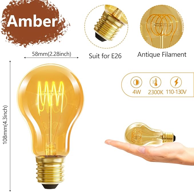 HESSION A19 Vintage LED Edison Bulbs, 4W Equivalent 40W Dimmable LED Bulbs, 400 Lumens 2300K Amber Warm Light Bulbs, E26 Base Decorative Antique Spiral A19 Light Bulb for Light Fixture, Pack of 4