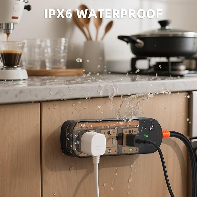Surge Protector Power Strip, KPQ IPX6 Grade Waterproof Outdoor/Indoor Power Strip Weatherproof with 3 AC Outlets, 5FT Extension Cord, Wall Mountable for Home, Office, Camping