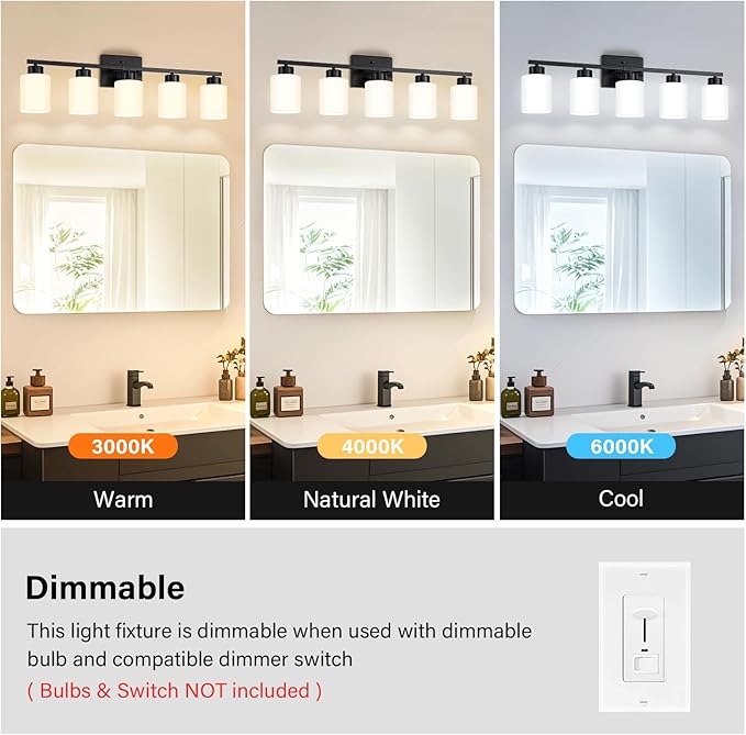 Black Bathroom Light Fixtures, 5-Light Modern Vanity Light Over Mirror, Wall Sconces with Milky White Frosted Glass Shades, E26 Socket (Bulbs Not Included)