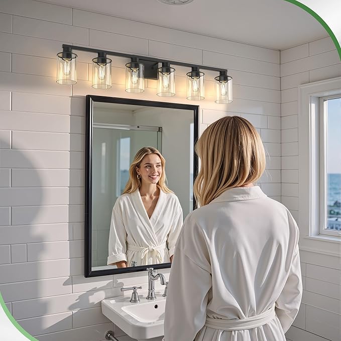 DORESshop Bathroom Light Fixtures, 6-Light Matte Black Bathroom Lighting Fixtures Over Mirror with Clear Glass Shade, Vanity Lights for Hallway Living Room Bedroom