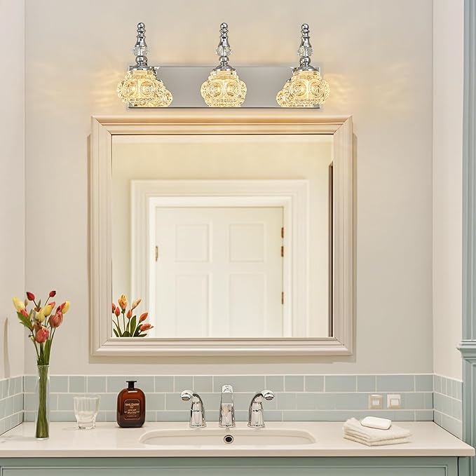 3-Light Vintage Bathroom Vanity Light Fixture Industrial Chrome with Glass Shade Vanity Light Fixtures Over Mirror Glass Bathroom Vanity Lighting Fixtures G9 Bulb Wall Lights