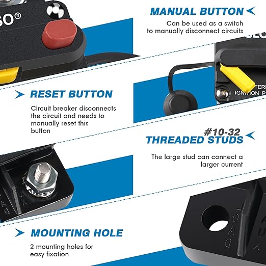 GLOSO Circuit Breaker 20 A E69 for Marine Truck Boat RV Automotive Mid Range Mini T3 Manual Reset Switchable Compact Medium IP66 (20 A)