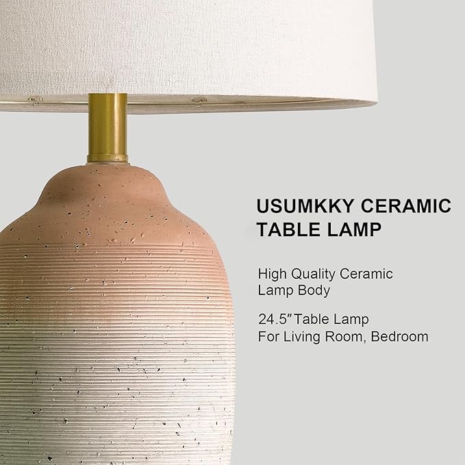 24.5" Vintage Ceramic Table Lamp - Single Farmhouse Rustic Bedside Lamp with Natural Textured Finish, Nightstand Lamps for Living Room, Bedroom, End Table, Office White and Brown