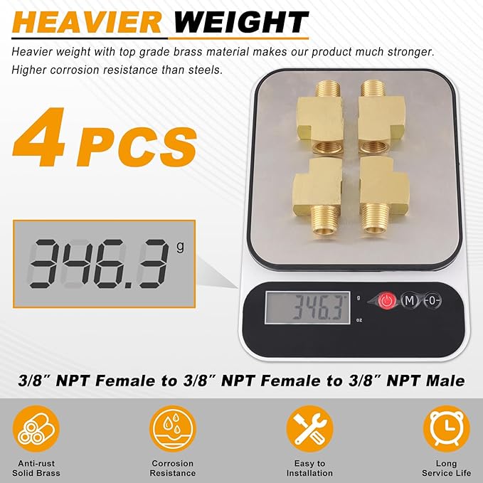 KOOTANS 4 Pack Brass Tee Fittings 3/8" NPT Female to 3/8" NPT Female to 3/8" NPT Male Barstock Street Tee Fittings 3 Way Brass Pipe Fitting