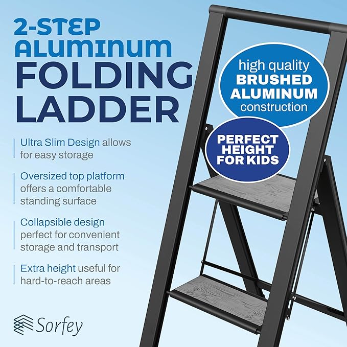 Step Ladder 2 Step Folding, Decorative - Beautiful Gray Wood & Black Aluminum, Ultra Slim Profile, Anti Slip Steps, Sturdy-Portable for Home, Office, Kitchen, Photography Use,by SORFEY