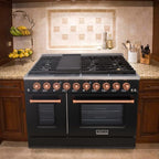 Akicon 48 Inch Freestanding Gas Range - 6.7 cu. ft. Double Rapid Convection Gas Oven - Gas Stove with 8 Sealed Burners & a Griddle, Heavy Duty Cast Iron Grates (Black & Copper)