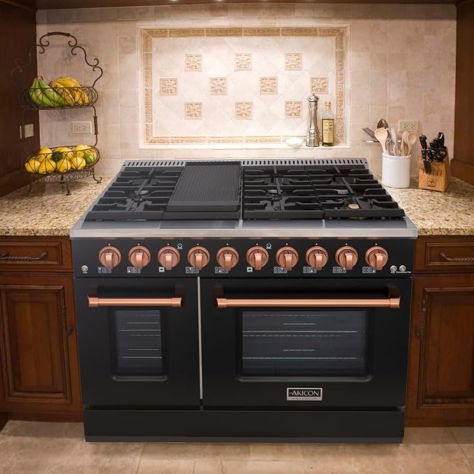 Akicon 48 Inch Freestanding Gas Range - 6.7 cu. ft. Double Rapid Convection Gas Oven - Gas Stove with 8 Sealed Burners & a Griddle, Heavy Duty Cast Iron Grates (Black & Copper)