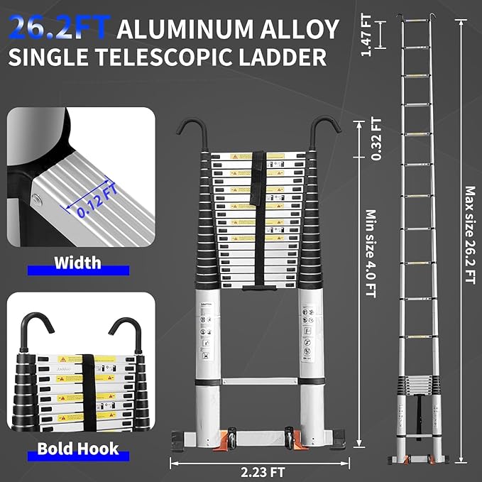 JADDUO 26.2FT Telescoping Ladder Aluminum Lightweight Extension Ladder with 2 Triangle Stabilizers Collapsible Attic & RV Travel Ladder for Home Use