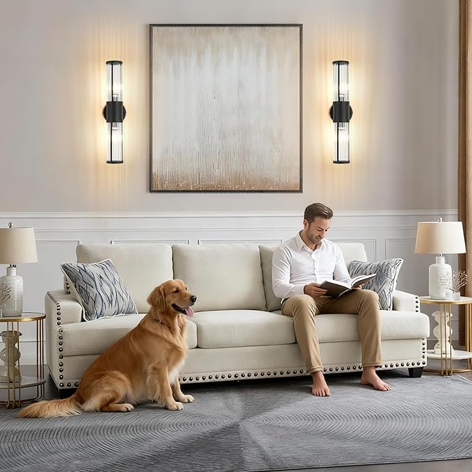 Bathroom Light Fixtures 2-Light Matte Black Bathroom Vanity Light Modern Wall Lights for Bedroom Bath Mirror Lights with Glass Rods Shades for Mirror Bedroom Hallway